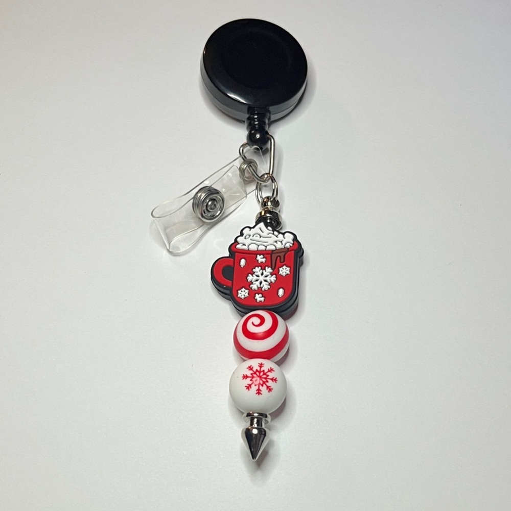 Red and White Christmas Hot Chocolate Decorative Badge Reel